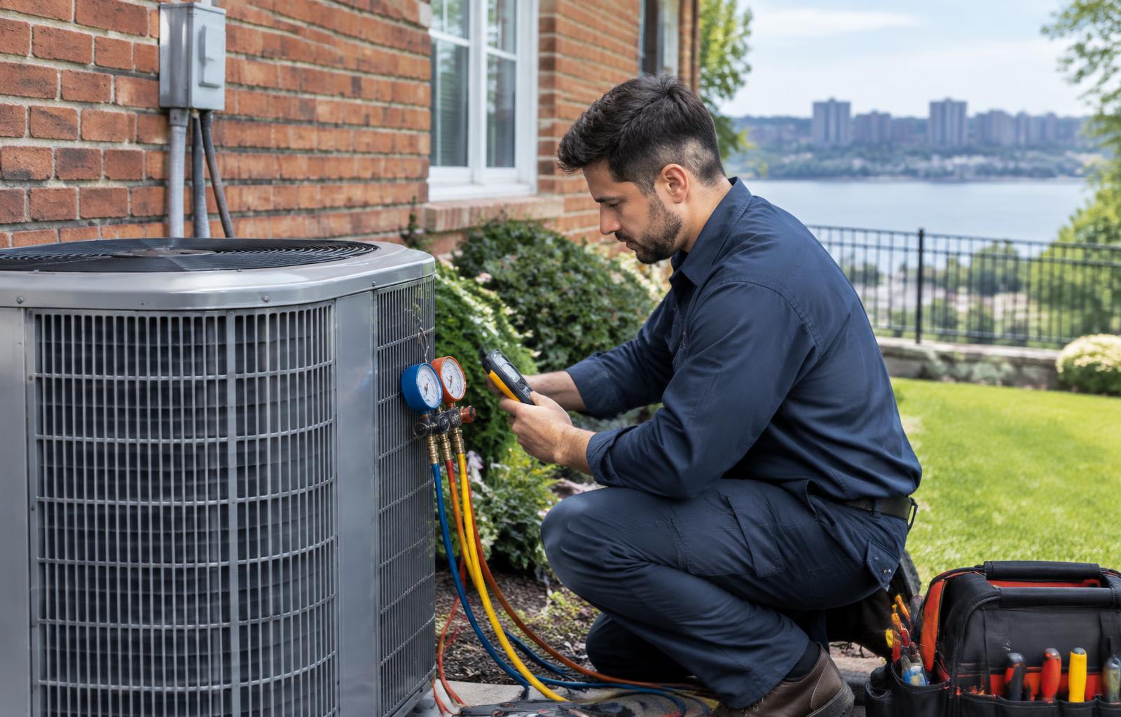 Norwalk HVAC technician servicing a residential air conditioner
